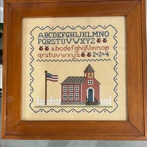 Red and Brown Fiber Arts Cross-Stitch with Alphabet and Schoolhouse